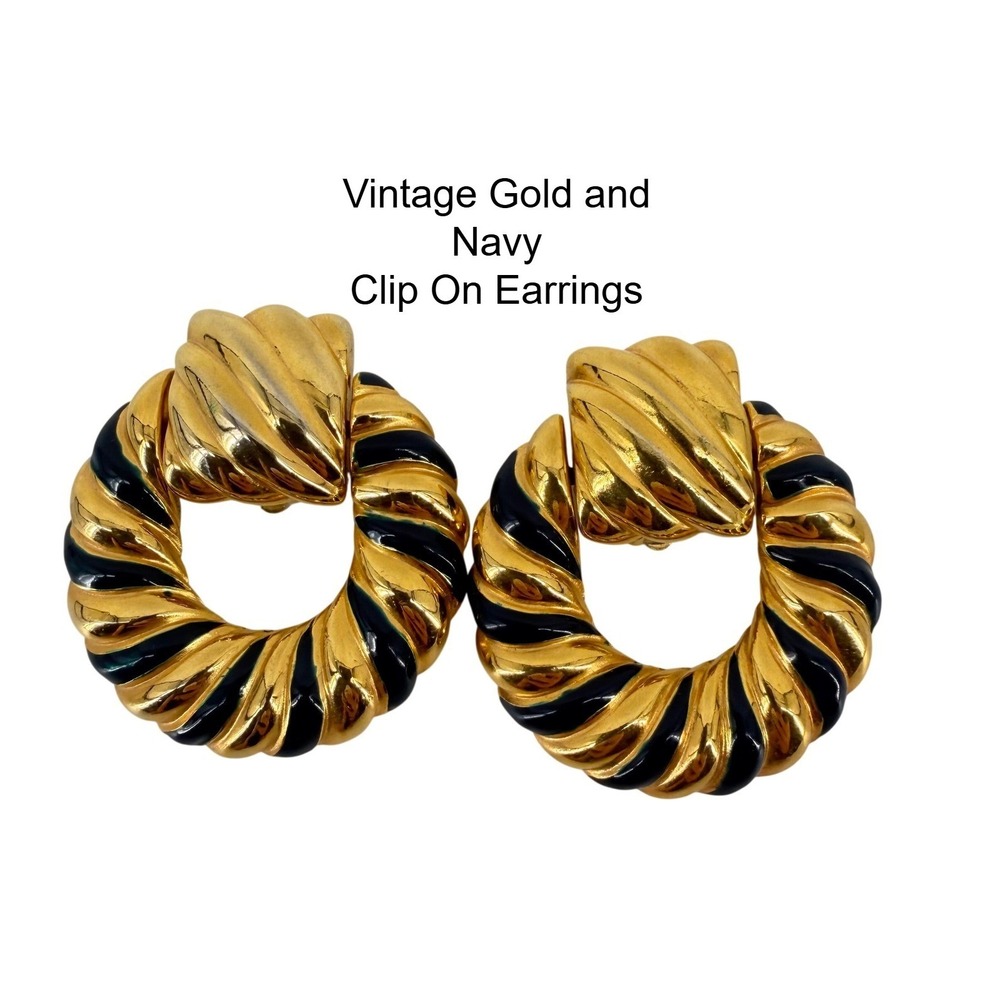 Vintage Gold Tone Navy Enamel Twisted Door Knocker‎ Clip On Statement Earrings